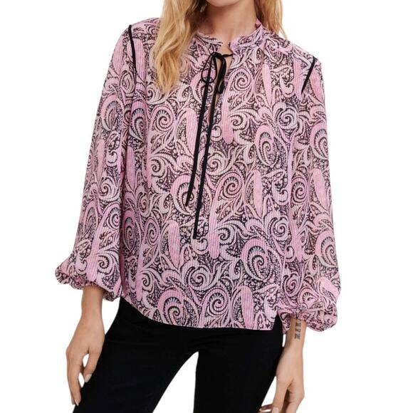 NWOT Maje Apollo Tie Neck Paisley Top Blouse Pink Black Gold Blouse Size Large - Picture 3 of 12
